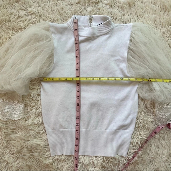 Garcia white sweater turtleneck, sheer puffed sleeves with lace cuffs size S - Picture 8 of 11